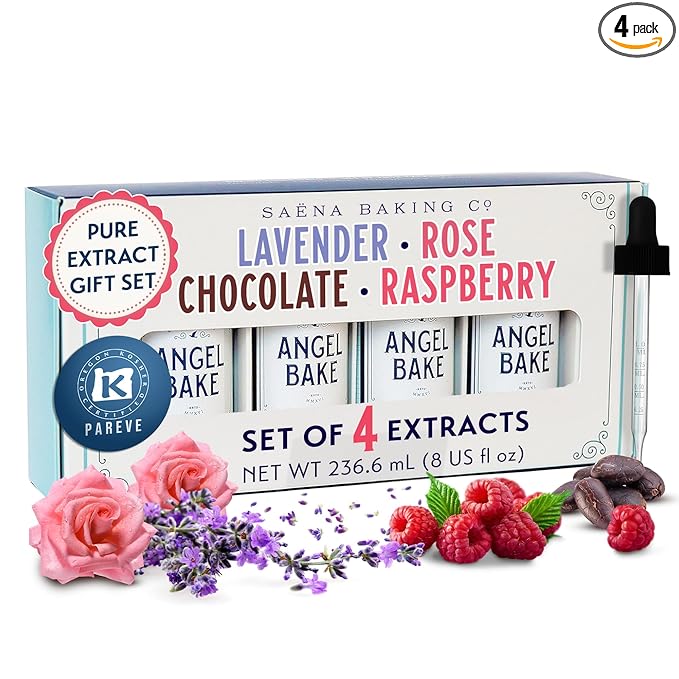 Pure Chocolate, Oregon Raspberry, Bulgarian Rose & Lavender Extract Set – Gift for Bakers & Home Chefs – Desserts & Beverages– Kosher, Keto Friendly, Vegan (4 Pack, 2oz Extracts w/ Latex-Free Dropper)