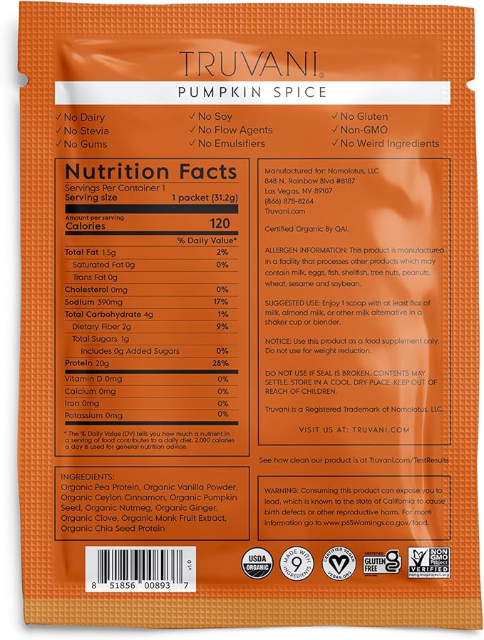 Truvani Vegan Pea Protein Powder | Pumpkin Spice | 20g Organic Plant Based Protein | 1 Serving | Keto | Gluten & Dairy Free | Low Carb | No Added Sugar