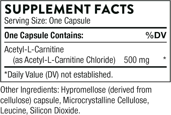 THORNE Acetyl-L-Carnitine - 500 mg - Supports Brain Function & Healthy Nerve Sensations in The Hands & Feet* - Gluten, Dairy & Soy-Free - 60 Capsules