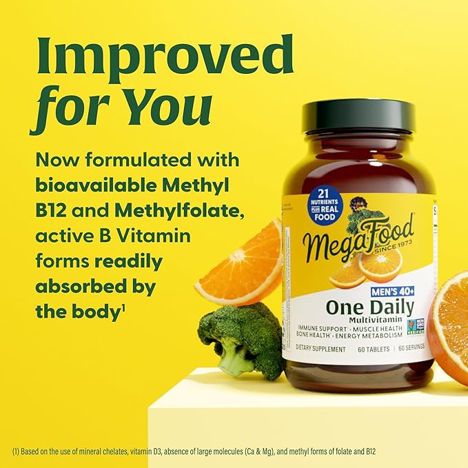 MegaFood Men's 40+ One Daily Multivitamin for Men with Vitamin B, Vitamin D3, Selenium, Zinc & Real Food - Immune Support, Energy Metabolism, and Muscle & Bone Health – Non GMO; Vegetarian - 30 Tabs