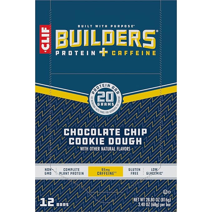 CLIF Builders + Caffeine - Chocolate Chip Cookie Dough Flavor - Plant Based Protein Bars - Gluten Free - Non-GMO - Low Glycemic - 20g Protein - 2.4 oz. (12 Count)