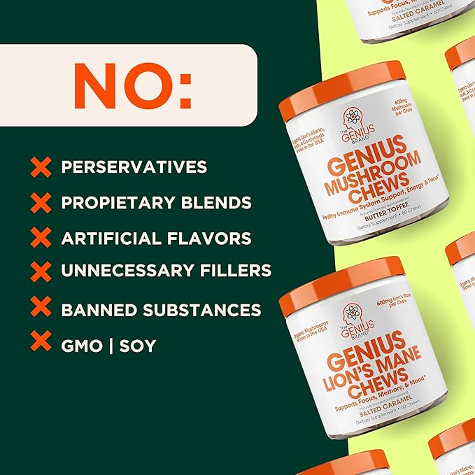 Genius Lion's Mane Soft Chews Supplement – Nootropic Mushroom for Focus, Clarity, Memory, Energy, Brain Health Support – Salted Caramel Flavor