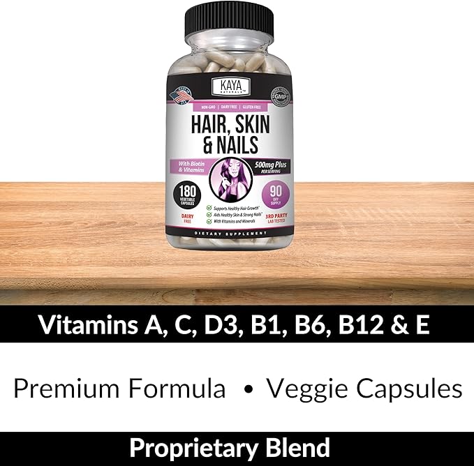Kaya Naturals Hair Skin Nail Capsules BIOTIN Vitamin D Vitamin B-12 A Folic Acid Support, Hair Support Vitamin Supplement - 180 Count