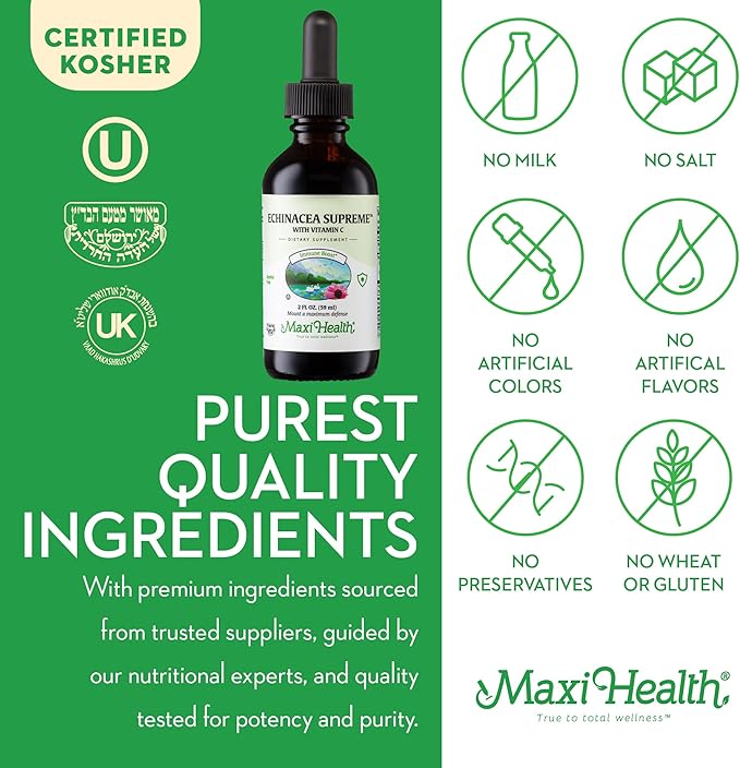 Maxi Health - Organic Echinacea Supreme Liquid Extract with Vitamin C - Immune Support Supplement Echinacea Drops - 1000mg Echinacea Root & Whole Plant Herb Extract - 2 Fl Oz Immune Booster Bottle