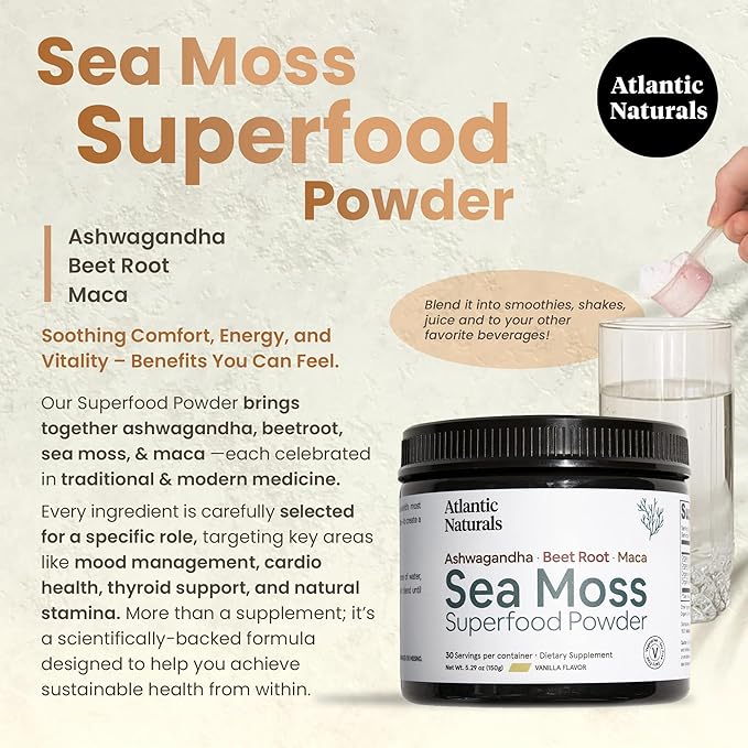 Atlantic Naturals Sea Moss Superfood Powder with Ashwagandha, Beet Root, and Maca Root - Sea Moss Powder Supports Healthy Skin, Athletic Performance, and Positive Mood - Vanilla Flavor (150g)