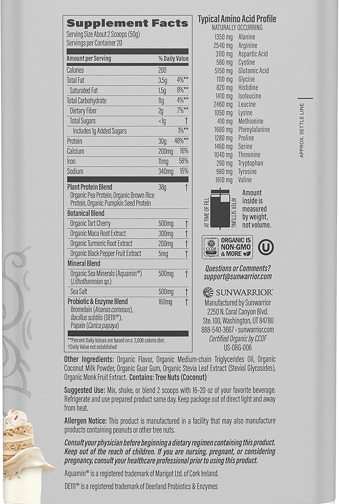 Sunwarrior Vegan Protein Powder USDA Organic Protein Powder Blend| Plant-Based BCAA Sugar Free Gluten Free Non-GMO Dairy Free | Cake Batter Flavored 20 Servings | Sport Organic Active Protein