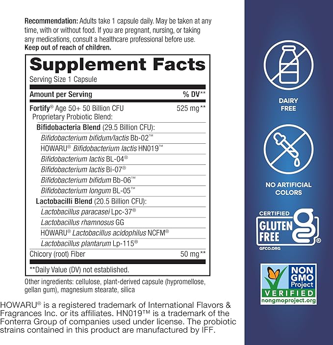 Nature’s Way Fortify Extra Strength† Probiotic Age 50+, 50 Billion Live Cultures, 11 Strains, Prebiotics, Digestive Health*, Immune Support*, Colon Health*, 30 Capsules (Packaging May Vary)