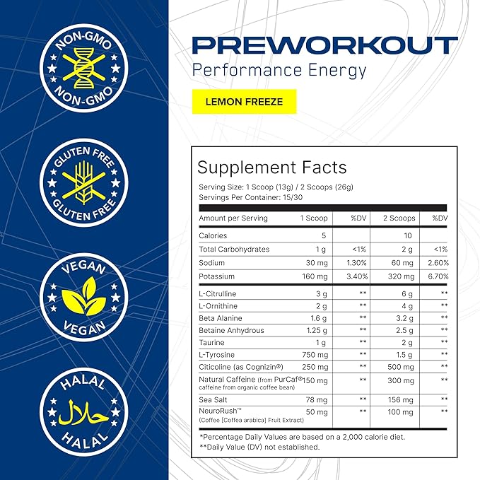 AN Performance Pre-Workout Powder Supplement for Men & Women | Energy Drink Mix with 300mg Caffeine + Beta Alanine + Citrulline | Third-Party Tested | Lemon Freeze | 30 Servings