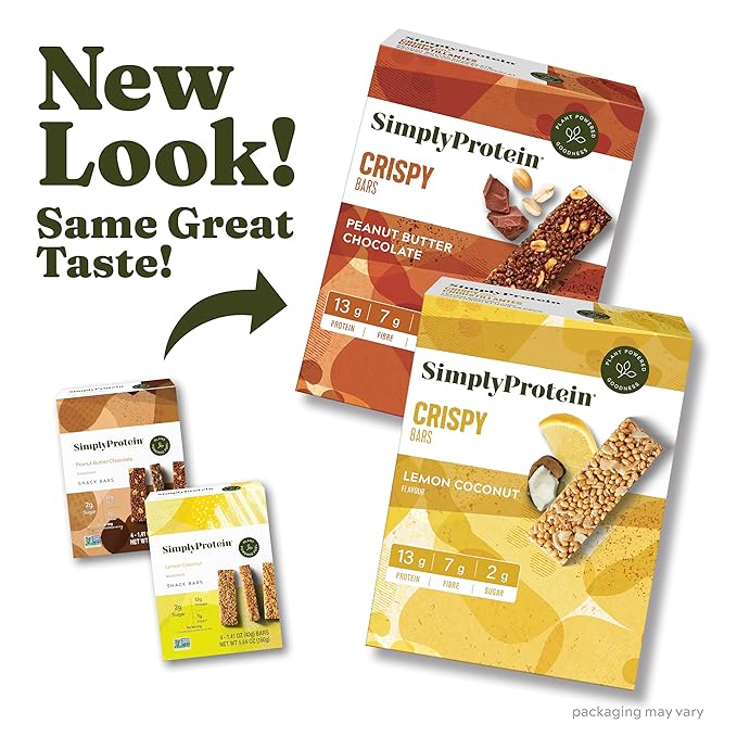 Simply Protein - Crispy Bars Variety Pack, Peanut Butter + Lemon Coconut - Plant Based Protein Bars - 13g Protein, 2g Sugar, 7g Fiber - Vegan, Gluten Free, Non GMO, Kosher - 16 Bars, 2 Boxes
