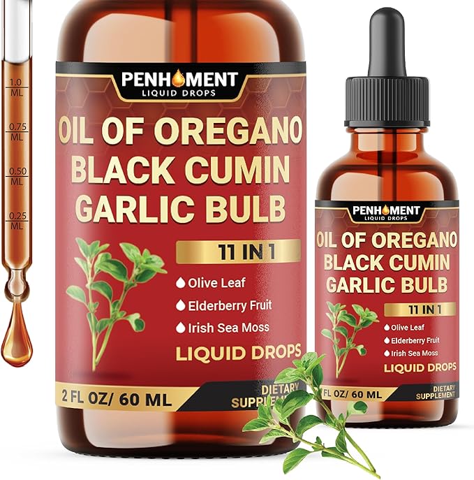 11in1 Organic Oregano Oil Drops with Black Seed Liquid, Garlic, Vitamin D3 & K2, Olive Leaf, Elderberry, Sea Moss, Ashwagandha & Ginger - Immune Support - 2 Fl Oz - 60 Days