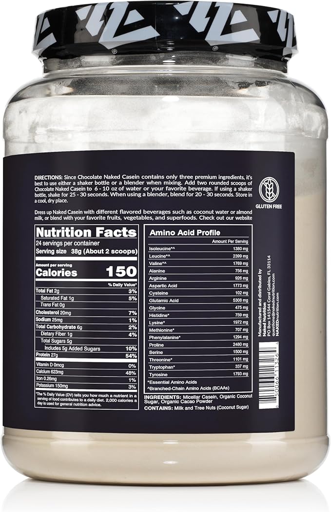 NAKED Casein - 2Lb Micellar Chocolate Casein Protein - Bulk, GMO-Free, Gluten Free, Soy Free, Preservative Free - Stimulate Muscle Growth - Enhance Recovery - 24 Servings