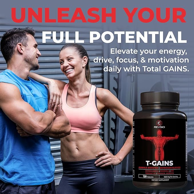 Anabolic Booster & Muscle Builder for Men, Total GAINS Muscle Growth & Estrogen Blocker, Ashwagandha, Shilajit, Fadogia, Tongkat Ali for Stamina, Energy & Strength, HGH Supplements for Men, 120 Count