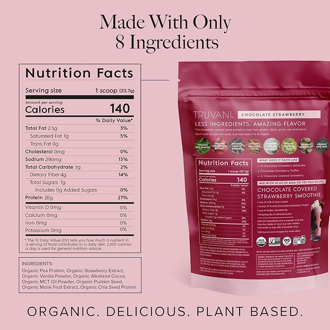 Truvani Vegan Pea Protein Powder | Chocolate Strawberry | 20g Organic Plant Based Protein | 1 Serving | Keto | Gluten & Dairy Free | Low Carb | No Added Sugar