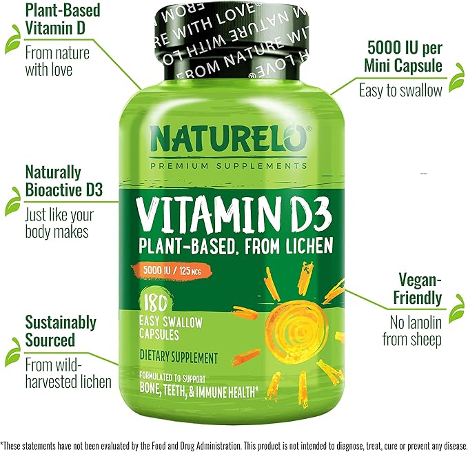 NATURELO Vitamin D - 5000 IU - Plant Based from Lichen - Natural D3 Supplement for Immune System, Bone Support, Joint Health - High Potency - Vegan - Non-GMO - Gluten Free - 180 Capsules (Pack of 2)
