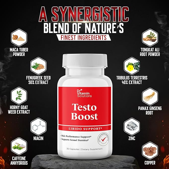 DR VITAMIN SOLUTIONS Testo Boost Supplement for Men - Stamina, Endurance & Energy Enhancement - Male Testosterone Booster w/Fenugreek, Tribulus, Tongkat Ali, Horny Goat Weed - 30 Capsules