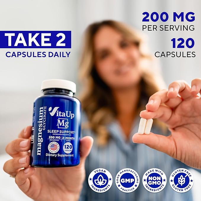 Magnesium Glycinate 200mg - USA Made Magnesium Supplement for Sleep, Heart, Bones, Metabolism Support - High Absorption Magnesium Bisglycinate Capsules - 120 Vegan Chelated Capsules