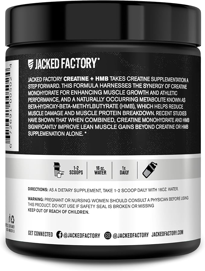 Jacked Factory Creatine Monohydrate + HMB - Creatine Dietary Sports Nutrition Bodybuilding Supplement for Men and Women - Muscle Growth, Increased Strength, Enhanced Energy - 30 Servings, Unflavoured