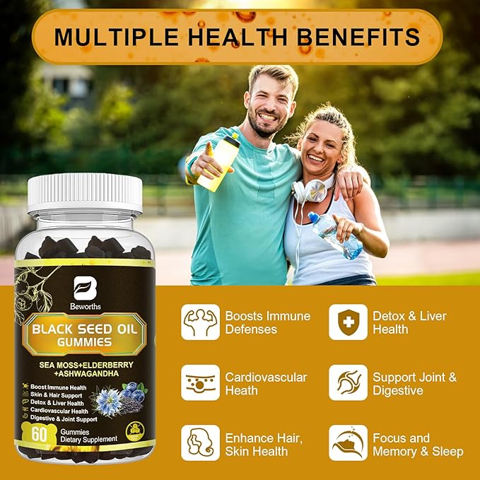 Black Seed Oil & Sea Moss Gummies, 2Pack Irish Sea Moss Gummies with Black Seed Oil, Ashwagandha Extract, Elderberry, Turmeric, Vitamin C, Vitamin D3 - Immune Support, Joints, Digestion, Hair & Skin