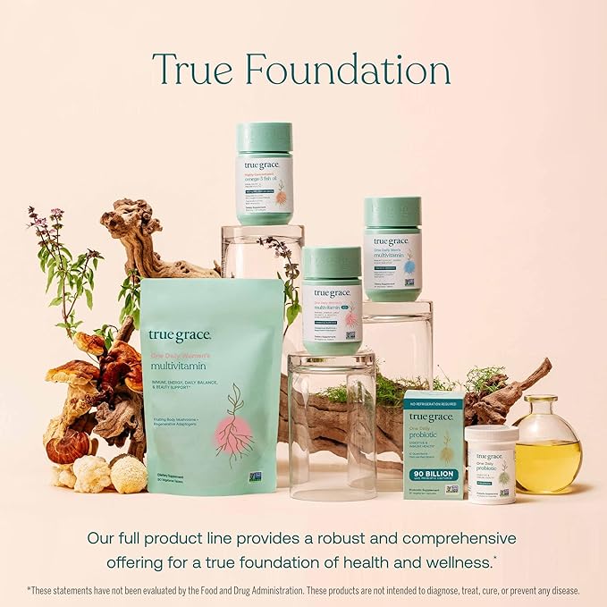 True Grace One Daily Women’s Multivitamin 40+ Fermented Minerals, Organic Adaptogens & Mushrooms Energy, Immune, Bone Support - Non-GMO - Iron, Gluten & Soy Free - 90 Vegan Tablets