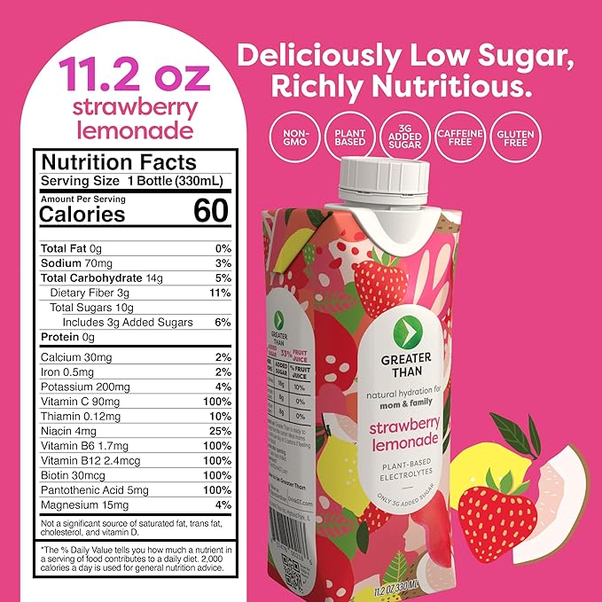 Greater Than Lactation Supplement Support, Coconut Water, Vitamins & Electrolyte Drink for Breastfeeding & Immune Support, Lactation Cookies Alt, Gluten Free, Low Sugar, 36 Pack, Strawberry Lemonade
