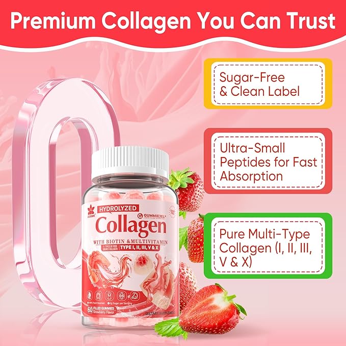 2Pack Sugar-Free Hydrolyzed Collagen Peptide Filled Gummies for Women & Men, with 1500mg Protein Type I,II,III,V,X, 5000mcg Biotin Vitamin C A E D3 B6 B12 for Immune Digestion Skin Hair Nails, Bone