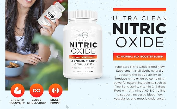 Type Zero Nitric Oxide 6X Booster, 150 Veggie Capsules - Natural Supplement - Beetroot, Arginine AKG, Citrulline, Pine Bark, Garlic & VIT C | #1 Nitric Oxide Pills for Men, Nitrous Oxide Blood Flow