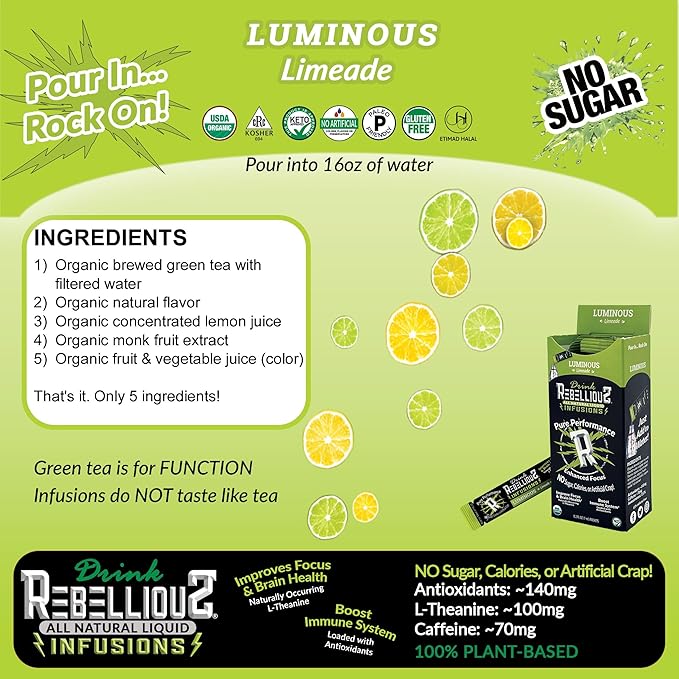 Luminous Limeade Organic Energy Drink Mix – 0 Calories, Sugar Free, Loaded with Antioxidants, L-Theanine, and Natural Caffeine – 10 Count