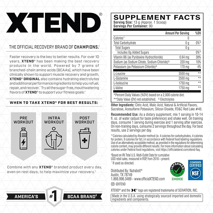 Original BCAA Powder 7g BCAA and 2.5g L-Glutamine, Sugar Free Post Workout Muscle Recovery Drink with Amino Acids for Men & Women, 90 Servings