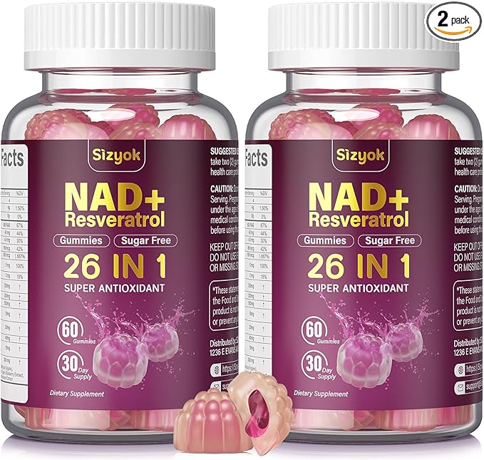 NAD Resveratrol Gummies, NAD supplements for Women with Hydrolyzed Collagen, Grape Seed, and D-Biotin Support Antioxidant Action, Anti-Aging, Cell Regeneration & Energy, Sugar-Free, 60 Gummies, 2 Pack