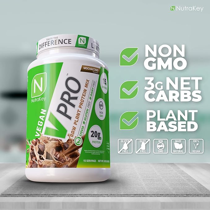 NutraKey V-Pro, Raw Plant Protein Powder, Organic, Vegan, Low Carb, Gluten Free with with 20g of Protein (Mocha) 2-Pound