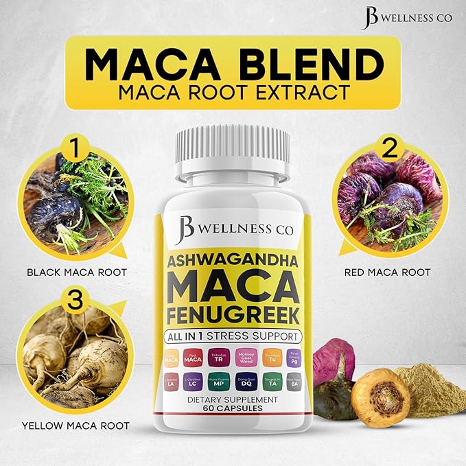 Ashwagandha Maca Root Fenugreek Supplement with Tongkat Ali Ginseng - Assists with Mood & Thyroid Health - Made in USA - 120 Count