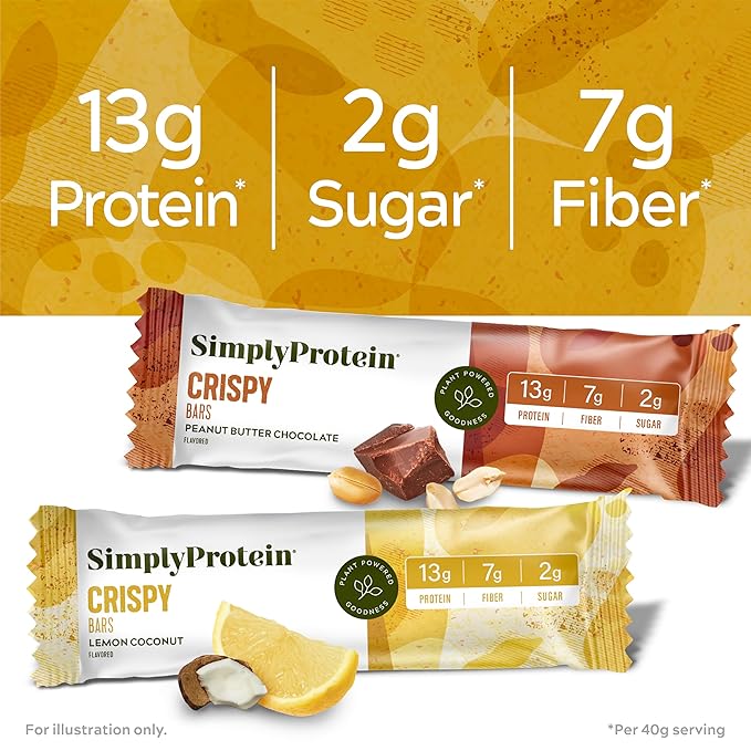 Simply Protein - Crispy Bars Variety Pack, Peanut Butter + Lemon Coconut - Plant Based Protein Bars - 13g Protein, 2g Sugar, 7g Fiber - Vegan, Gluten Free, Non GMO, Kosher - 16 Bars, 2 Boxes