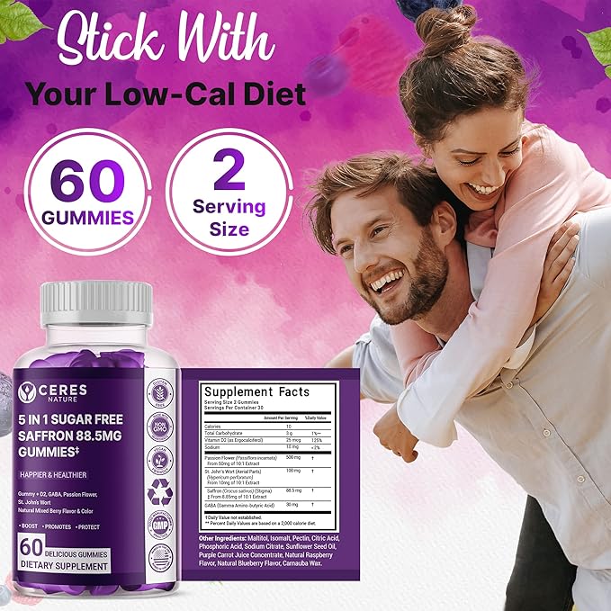 Premium Saffron Extract 88.5mg** Gummy - Appetite Control, Eye Support, Boost Energy & Heart Health NON-GMO – Gluten Free – Vegan Friendly- Sugar-Free Antioxidant Boost - Premium Quality - 60 Gummies