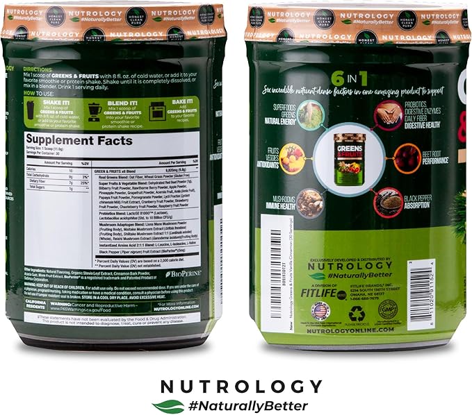 Nutrology Greens & Fruits Powder-Naturally Sourced Superfood, Beet Powder, Mushroom Blend, Probiotics, Digestive Enzymes, Fiber, Antioxidants, Immune Support, Gluten Free - Vanilla Cinnamon