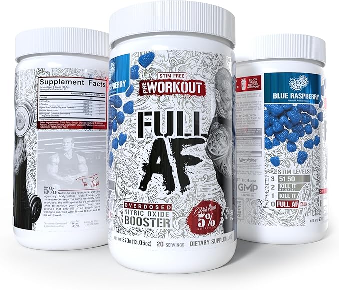 5% Nutrition FullAF Pre-Workout | Stim-Free with Massive Pumps | L-Citrulline, L-Taurine, Nitrosigine, GlycerSize | 13.05 oz (Blue Raspberry)