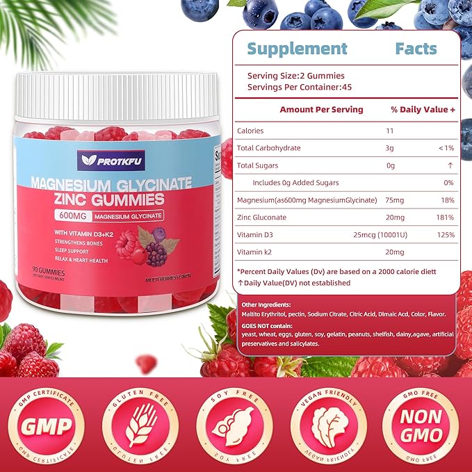 Magnesium Glycinate Gummies 600mg, 90 Ct Sugar Free Magnesium Gummies w/Zinc & Vitamin D3 & K2 - Magnesium Supplements for Sleep, Supports Bone Health, Nerve & Immune Function