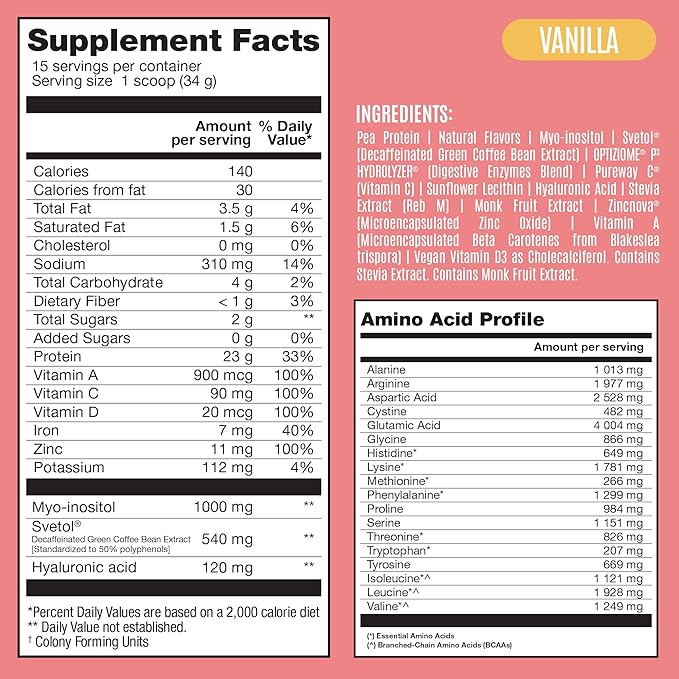 Fitmingo Vegan Protein Powder with Inositol, Collagen Boosters, Hyaluronic Acid and Vitamins | Low Carb, Dairy Free, Low Calorie | 23g Plant Based Vanilla Protein Powder with Myo-Inositol