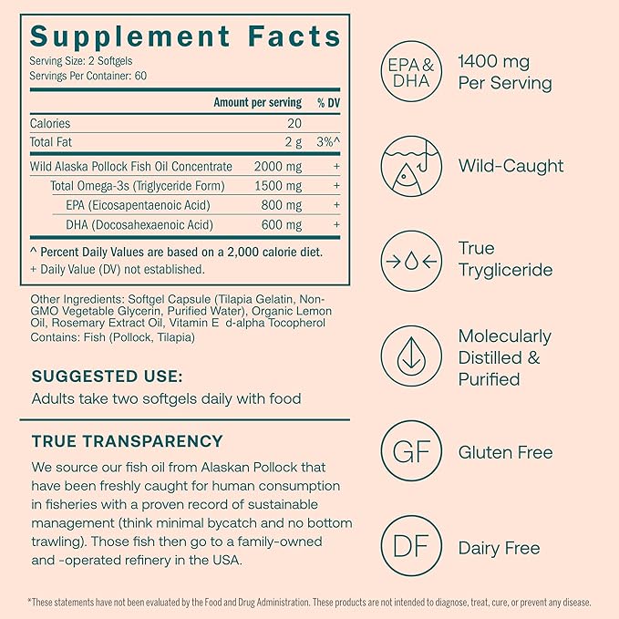True Grace Omega-3 Fish Oil - 120 Softgels - 1400 mg EPA + DHA - Brain, Heart, Joint & Immune Health - Organic, Gluten Free, Soy Free