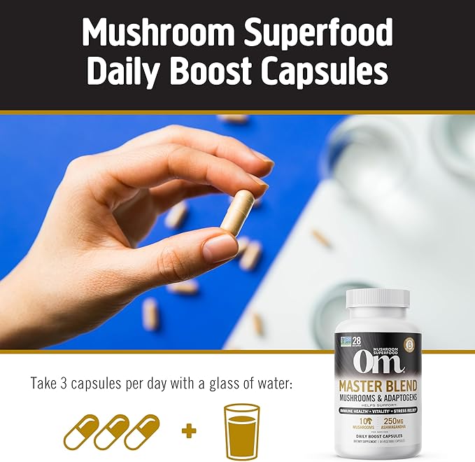 OM MUSHROOM SUPERFOOD Master Blend Mushrooms & Adaptogens Capsules, 168 Count, 56 Servings, 10 Mushroom Complex with Adaptogens for Immune and Stress Relief