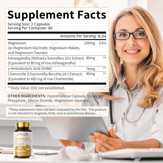 Magnesium Supplement + Ashwagandha & GABA, Magneium Glycinate, Taurate, Malate Complex for Clam Sleep, Muscles Recovery, Nerves, & Energy Support, High Absorption Vegan, Non-GMO - 120 ct