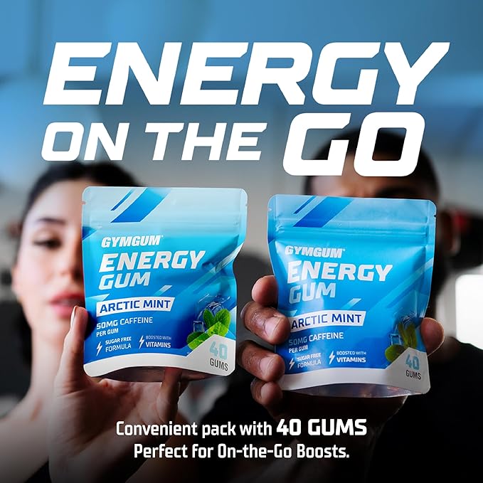 GYMGUM Energy Caffeine Gum | 50mg Caffeine | Sugar-Free, Keto-Friendly | Fast-Acting Energy & Focus Gum with Guarana & L-Theanine (40 Count, Arctic Mint)