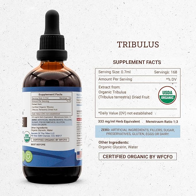 Secrets of the Tribe Tribulus USDA Organic | Alcohol-Free Extract, High-Potency Herbal Drops | Made from 100% Certified Organic Tribulus (Tribulus terrestris) Dried Fruit (4 oz)
