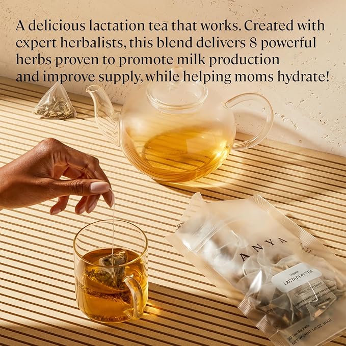 ANYA Herbal Lactation tea, 20 bags - Ginger, Moringa, Fenugreek, Toxicologist-approved, Breastfeeding Safe. Organic Essentials hydration for postpartum Moms, Breastmilk production Nursing support Baby Shower Gifts