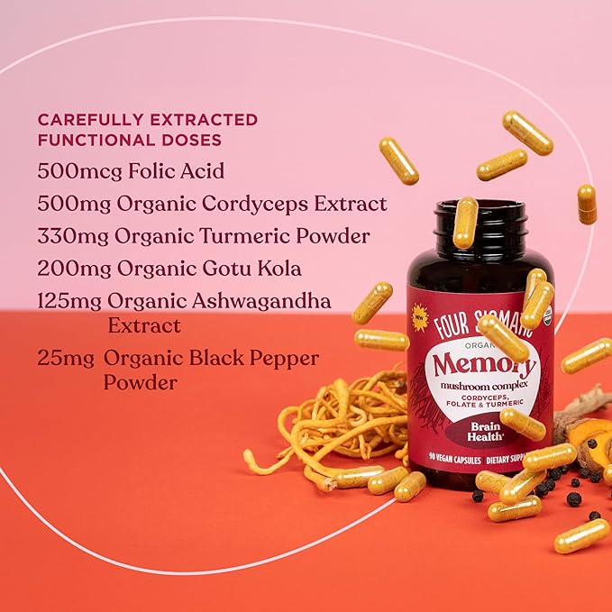 Four Sigmatic Memory Capsules | Reduce Brain Fog & Improve Memory | Nootropic Supplement for Brain Support with Cordyceps Mushroom, Gotu Kola, Turmeric, Ashwagandha & Folate | 30 Servings