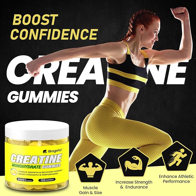 Creatine Monohydrate Gummies 5g for Men Women,Sugar Free Chewables Creatine Pre-Workout for Muscle Strength, Lemon Flavor, 120 Count