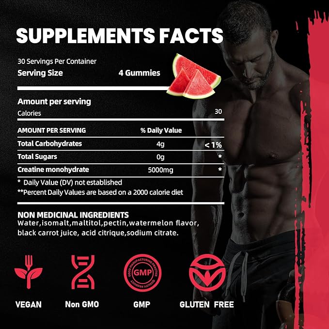 Creatine Monohydrate Gummies 5g for Men Women,Sugar Free Chewables Creatine Pre-Workout for Muscle Strength, Watermelon Flavor, 120 Count