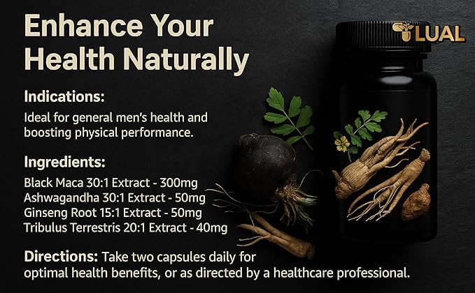 LUAL 30,000mg 30x Strength Organic Black Maca Root with Ashwagandha - Highest Potency Black Maca Root Capsules for Men - 100% Pure Maca Peruana Powder Organic, Gelatinized, Non-GMO - 60 Pills