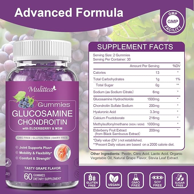Glucosamine Chondroitin Gummies - Extra Strength Joint Support Supplement with MSM & Elderberry for Natural Joint, Antioxidant Immune Support for Adults, Men & Women-Sugar-Free (2 Pack)