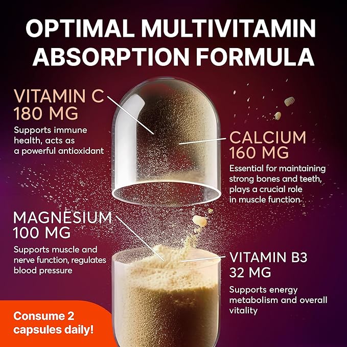 Multivitamin Supplement | Complex with Vitamin A, C, D, E, K1, B, Zinc & Chromium | Hair, Skin & Nail Beauty Vitamins | Immune Support Supplements for Men & Women | 60 Capsules
