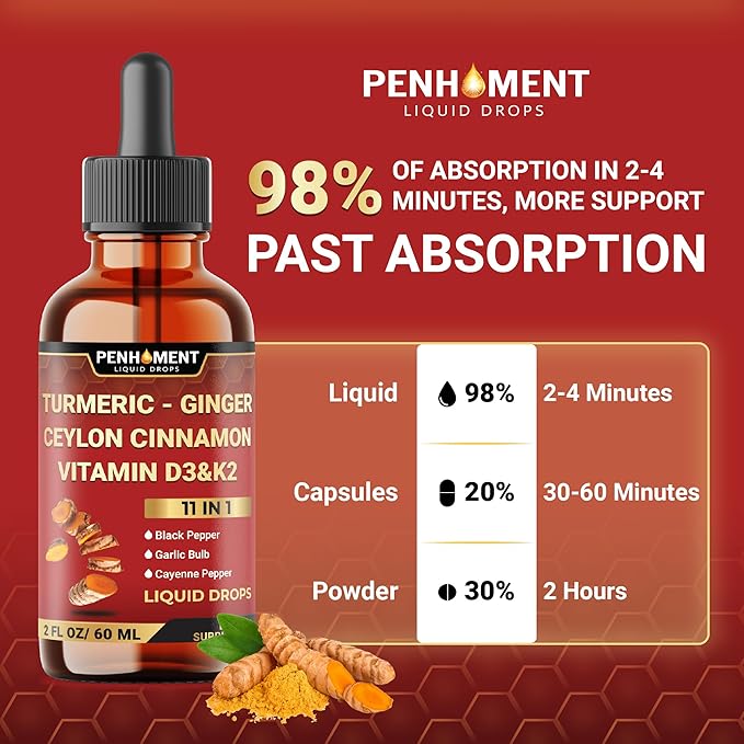 11in1 Liquid Turmeric Curcumin with Vitamin D3, Vitamin K2, Ginger, Ceylon Cinnamon, Berberine Extract, Garlic, Black Pepper - Drops Extract - 60ml - 2 Month Supply